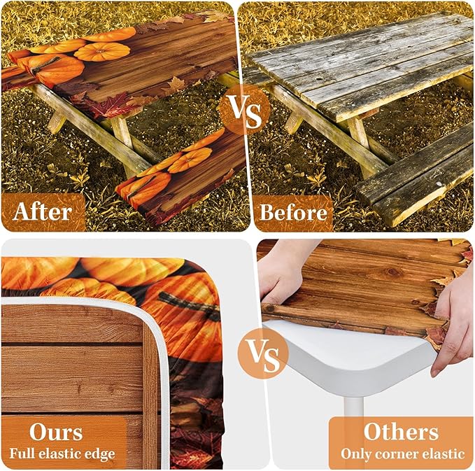 Picnic Table Cover with Bench Covers Elastic Edges, Pumpkin Fall Fitted Table Cover, Outdoor Patio Camping Essentials 72 Inch 3PCS, Waterproof Camping Fitted Tablecloth with Drawstring Bag