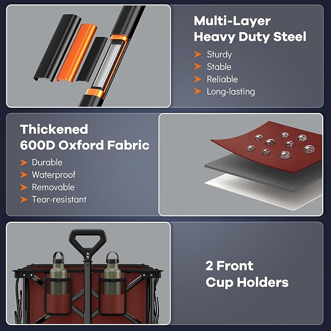 220L Collapsible Wagon Cart Foldable, 460LB Load Capacity Heavy Duty Folding Beach Wagons with Big All-Terrain Wheels, Utility Carts for Groceries, Shopping, Camping, Sports - Red