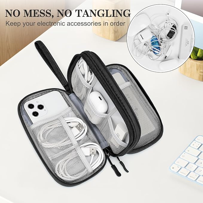 FYY Travel Cable Organizer Pouch Electronic Accessories Carry Case Portable Waterproof Double Layers All-in-One Storage Bag for Cord, Charger, Phone, Earphone Black