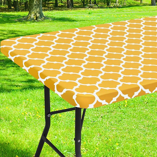 Smiry Rectangle Picnic Table Cover, Waterproof Elastic Fitted Camping Tablecloths for 4 Foot Tables, Wipeable Flannel Backed Vinyl Tablecloth Protector for Outdoor (Mustard Yellow, 30x48 Inches)
