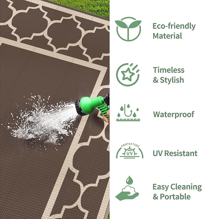 GENIMO 10 ' x 14 ' Outdoor Rug Waterproof for Patio Decor, Foldable Reversible Plastic Straw Area Rugs Mat for Camper, Outside Carpet for Rv, Deck, Porch, Picnic, Beach, Balcony, Coffee & Beige