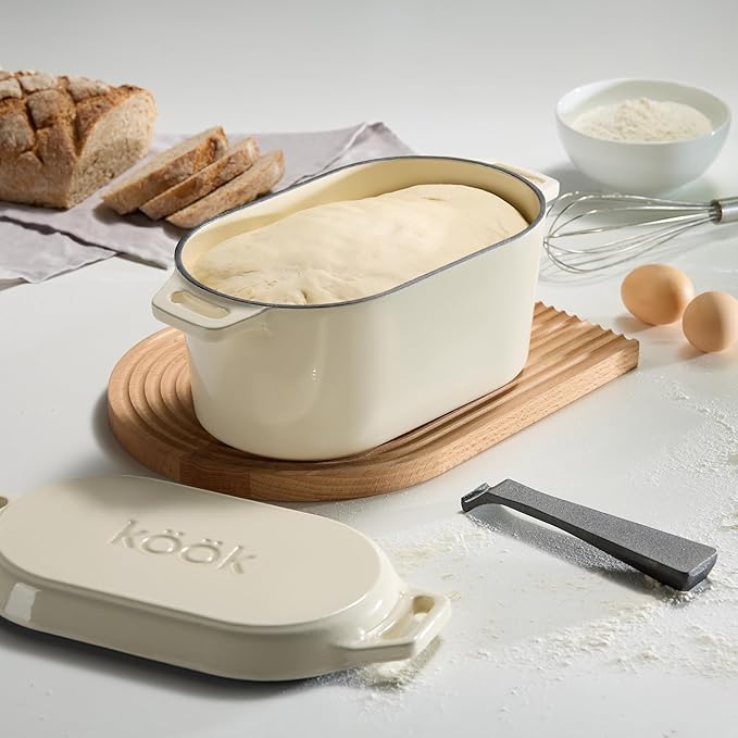 KooK Dutch Oven, for Bread Baking, Sourdough Loaf Pan, with Lid, Dual Handles, Enameled Cast Iron, includes Lid Lever, Dishwasher Safe, 3.4 Qt, Ivory