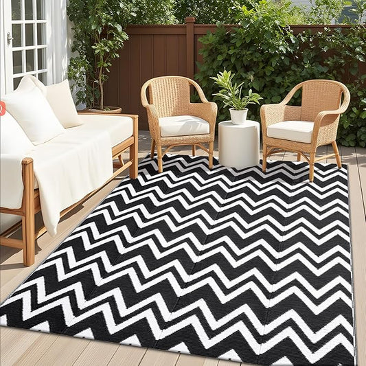 OLANLY Waterproof Outdoor Rug 5x8 ft Clearance, Reversible Outdoor Plastic Straw Rug, RV Mat, Indoor Outdoor Carpet for Patio, Camping, Balcony, Deck, Backyard, Black & White