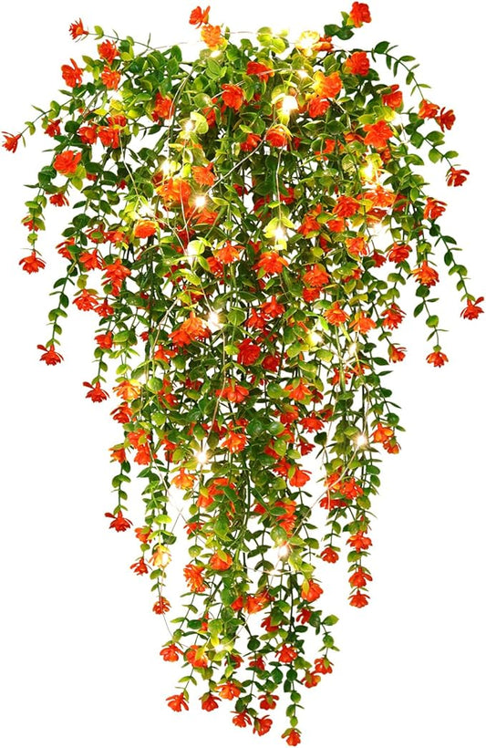 RECUTMS Artificial Plant, 3 Pack Hanging Plants with 30 LED Lights, 11.5in Eucalyptus, Orange Red, Indoor Outdoor Decoration