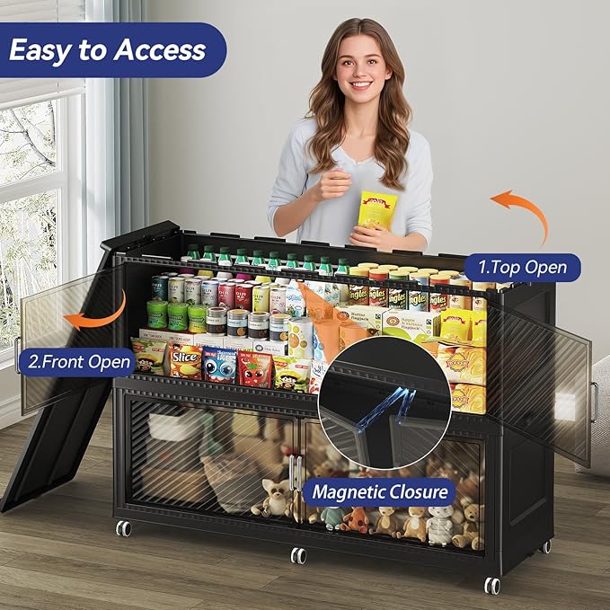 150GAL Extra Large Stackable Storage Bins with Lid, 600QT Plastic Closet Organizer and Storage Cabinet with Wheels and Doors, Folding Storage Box Container for Home Organization, 3Pack Black