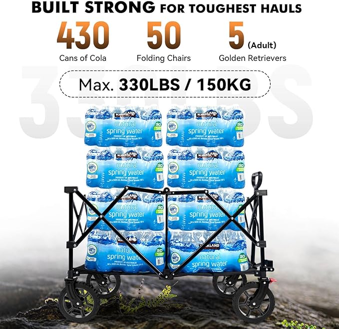 Hikenture Collapsible Wagon 330LBS Capacity, 200L Extra Large Wagons Carts Foldable, Heavy Duty Folding Wagons with All-Terrain Wheels, Utility Beach Cart for Outdoor Garden, Black