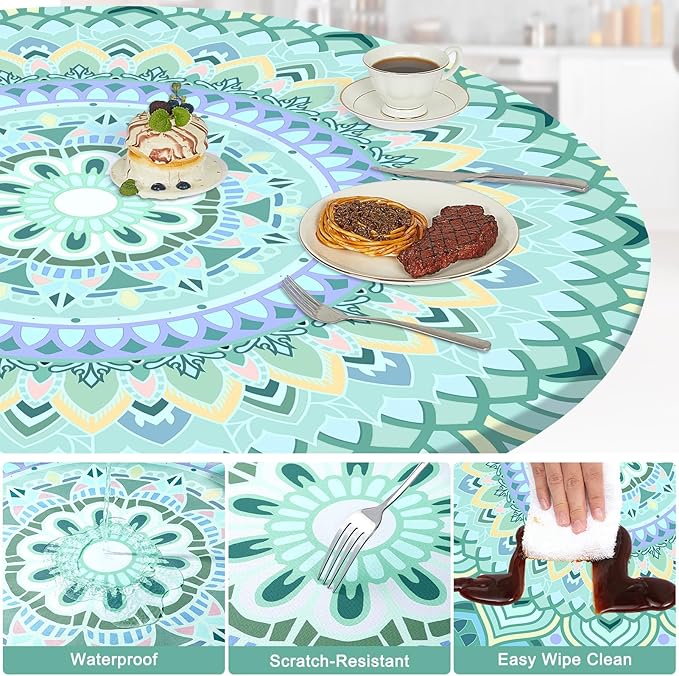 Round Tablecloth Fitted Elastic Table Cover Waterproof Table Cloth for Dinner, Party, Picnic,Camping, Round Table Cover for Indoor Outdoor