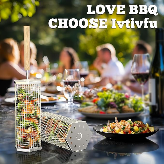 Rolling Grill Baskets (2PCS, Hexagon), Removable Wooden Handle, 304 Stainless Steel, Nesting Grilling Net, BBQ Accessories Tools for Vegetables Shrimp, Outdoor Cooking Camping, Birthday Gifts for Men Dad Husband
