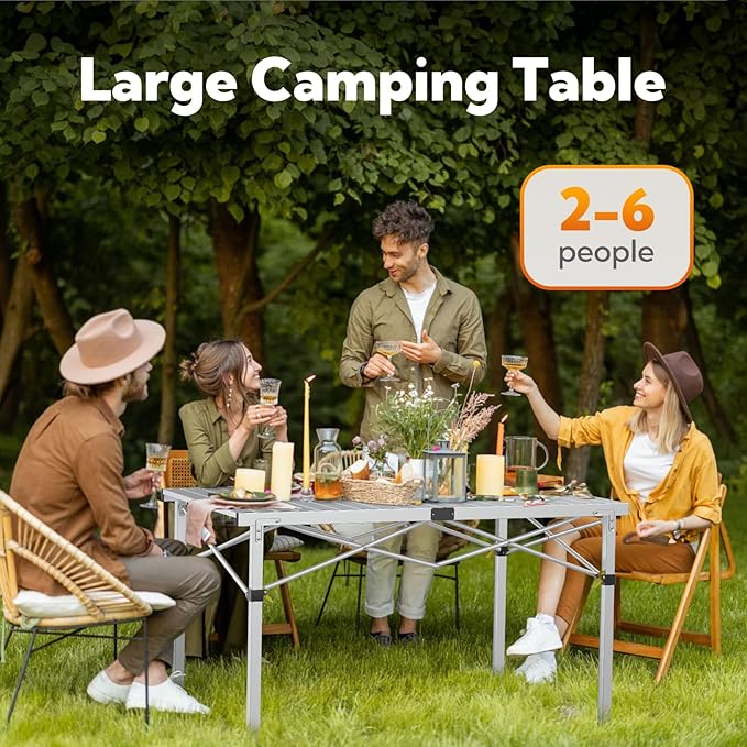 Portable Outdoor Camping Table Large for 2-6 Person - Foldable Camp Table with Aluminum Roll-Up Top & Carry Bag for BBQ, Tailgating, Backyard, 220 Lbs Capacity, Stable & Sturdy (Silver)