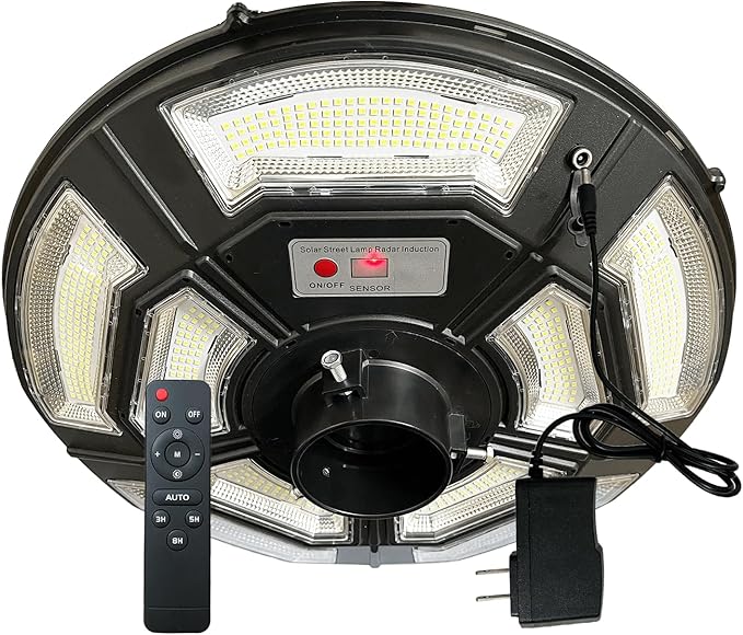 Outdoor Lamp Post Light with Motion Sensor, Solar Powered, IP65 Waterproof, Dusk to Dawn, 750-LED Pole Light Fixture with Remote and DC Port for Indoor Outdoor Lighting(Includes Plug)
