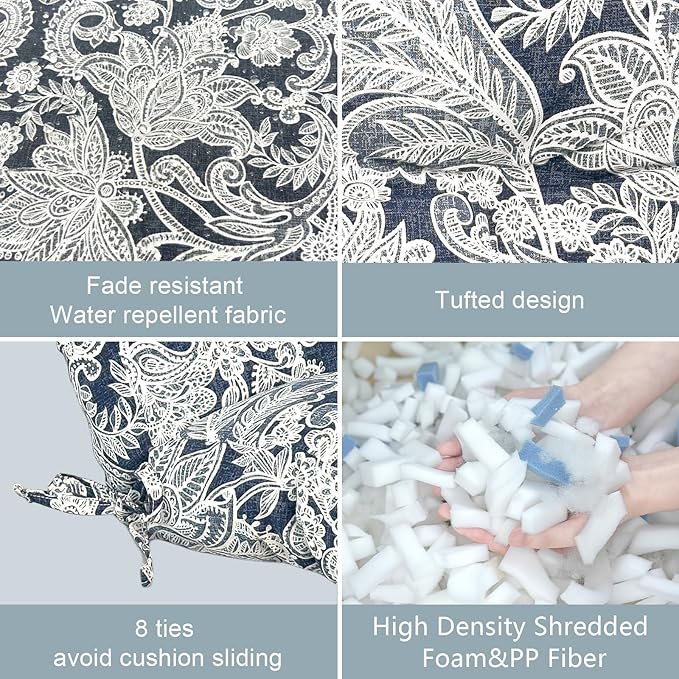 LVTXIII Outdoor Low Back Chair Cushions, Seasonal Replacement Adirondack Chair Cushion with Ties, Patio Waterproof Seat Cushions for Home Garden Use, 21 W x 21 D, Set of 2, Damask Lapis