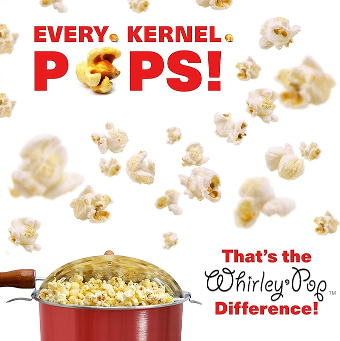 Original Whirley Pop Popcorn Maker - 6 Quart Stovetop Popcorn Popper With Five Popping Kits, Aluminum Popcorn Pot With Nylon Gears, Wabash Valley Farms Stove Top Popcorn Maker, Popcorn Pan (Red)
