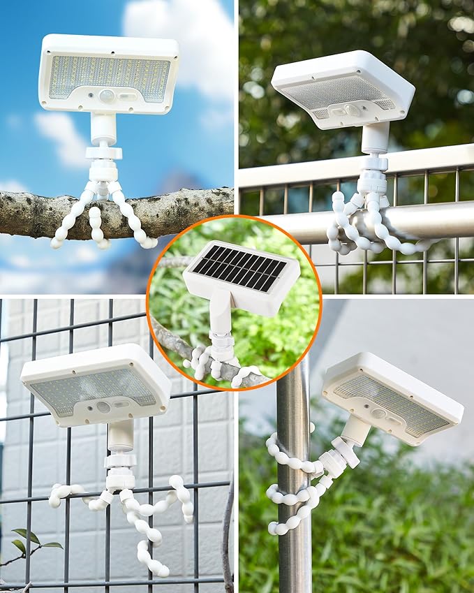 Motion Sensor Outdoor Lights with Flexible Octopus Tripod - 600LM Solar Sercurity Lights Waterproof, Dual Charging Solar Ourdoor Light for Camping,Fence, Patio (2Pack White)