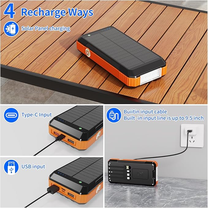 Solar Charger Power Bank 49800mAh, Portable Phone Charging Built-in 4 Cables 22.5W & PD20W Fast Charging for Cell Phones, Type-C Input/Output Port Solar Panel Charger with Dual Flashlights&Compass