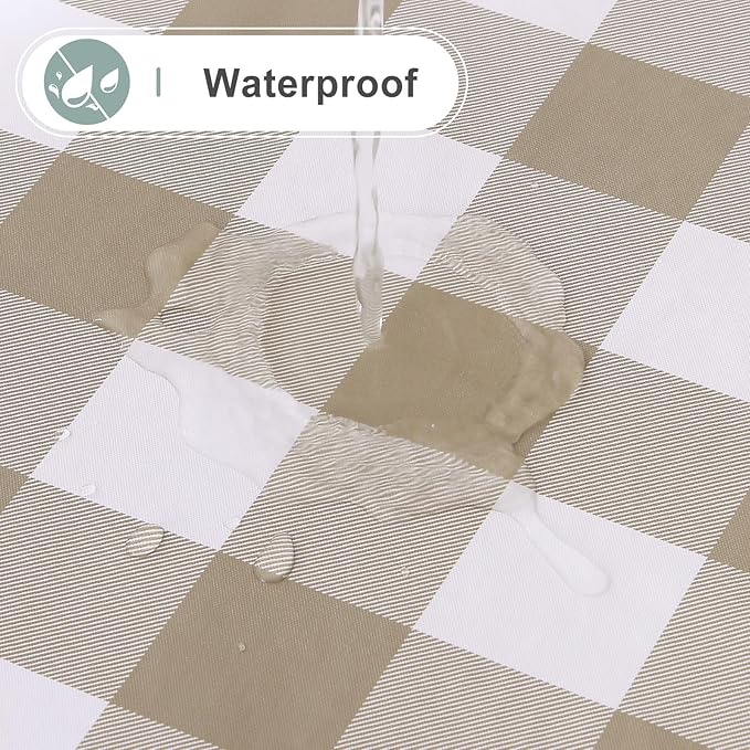 misaya Round Waterproof Vinyl Table Cloth, Buffalo Flannel Backed Tablecloth, Wipeable Plastic Table Cover for Dinner, Kitchen, Picnic (60", Khaki and White)