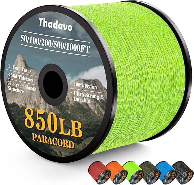 Reflective Paracord Rope 850Ib, 50/100/200/500/1000ft 4MM 11 Strand Parachute Spool Cord, Paracord Lanyard String for Tent, Camping, Clotheline, Hiking, Fishing, Bracelet, Neon Green 100FT