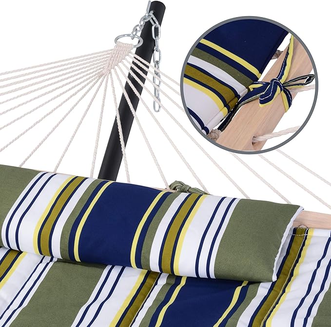 SUNCREAT Hammocks Double Outdoor Hammock with Stand, Cotton Rope Two Person Hammock with Polyester Pad & Large Pillow, Blue& Gray