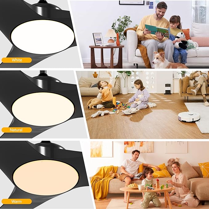 52 Inch Ceiling Fan with Light and Remote, 3 Blades, Quiet DC Motor, Reversible Fan with Dimmable LED Light, for Bedroom Living Room, Black