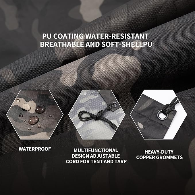 GRVCN Military Rain Poncho, Camouflage Raincoat Outdoor Waterproof Lightweight