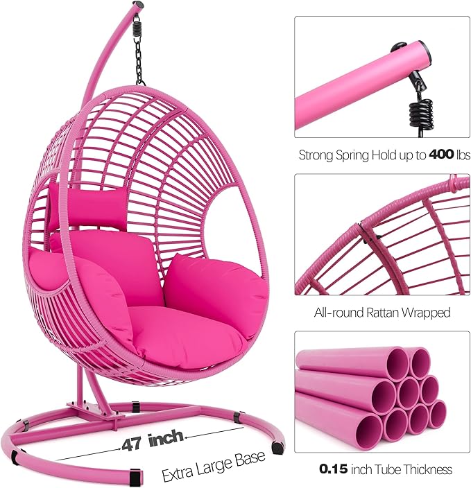 Oversized Hanging Egg Chair Outdoor Indoor, Wicker Swing Egg Chair with Stand 400lbs Capacity for Bedroom, Patio, Garden and Balcony (Pink-Regular, Oversize)