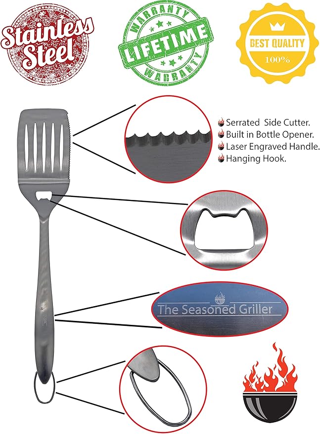 Extra Long Heavy Duty BBQ Grill Tools Set - 3 Piece Stainless Steel Utensils Set Includes Spatula Fork & Tongs - Barbecue Grilling Accessories - Outdoor Grilling kit in Gift Box Packaging