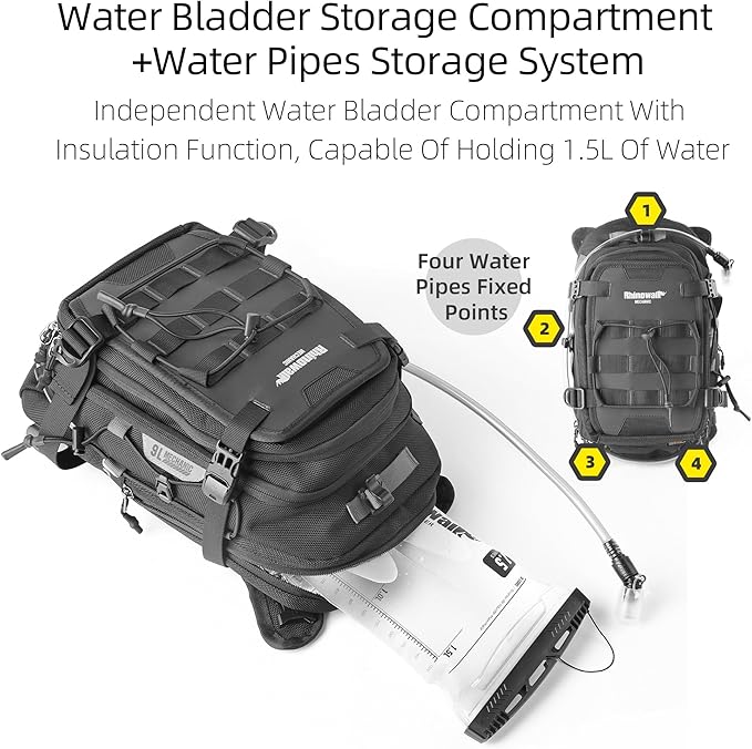 Rhinowalk motorcycle tank bag backpack, separate water bag, duffel bag with molle system, fits most adventure and sport motorcycle frames