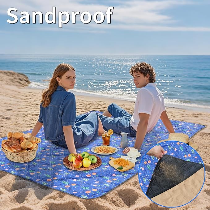 Outdoor Picnic Blanket Blue Floral 60"x80" Sandproof Beach Blanket Waterproof Picnic Blankets Foldable for Caming, Beach, Outdoor Activities.