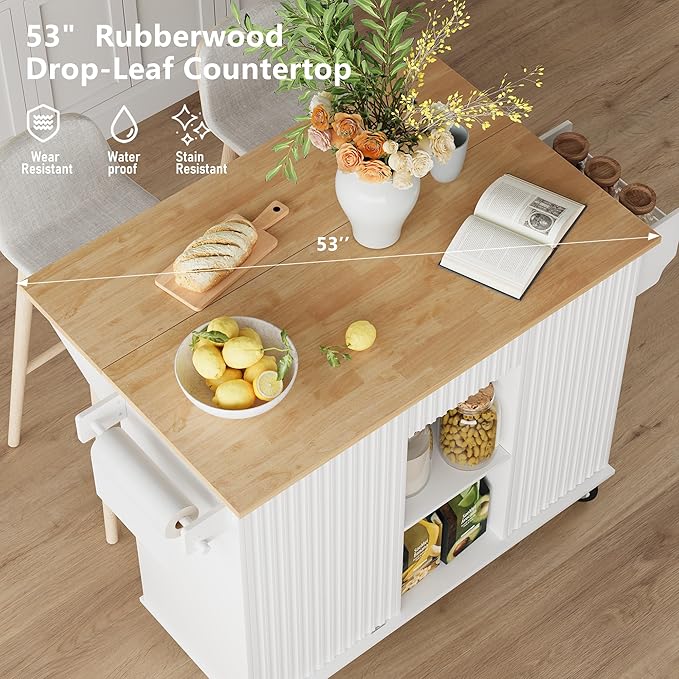 win2win Rolling Kitchen Island with Trash Can Storage, Portable Kitchen Island with Drop Leaf Breakfast Bar, Modern Farmhouse Kitchens Cart on Wheels with Fluted Design, Towel Rack, Spice Rack, White