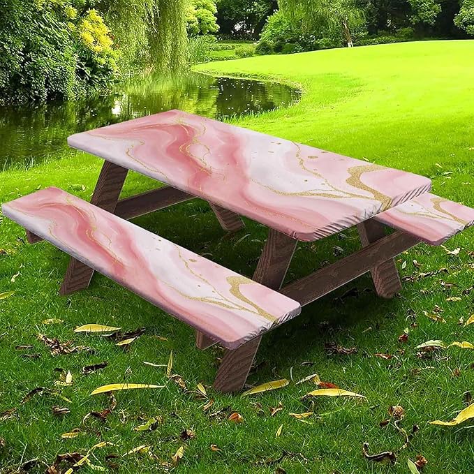 CAPSCEOLL Fitted Picnic Table Cover with Bench Covers with Elastic 6Ft Waterproof Camping Picnic Table Cover Cloths for Outdoors Camping Tablecloth with Drawstring Bag, 72X30in, Pink Marble