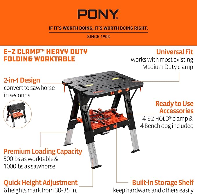 Pony Portable Folding Work Table, 2-in-1 as Sawhorse & Workbench, 31” W×25” D×25”-35”H, Large Load Capacity with 4pcs Clamps, 4pcs Bench Dogs