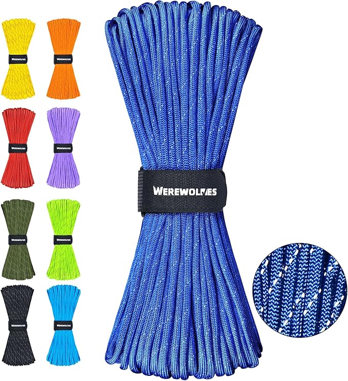 WEREWOLVES Reflective Paracord Rope 7 Strand Type III Parachute Cord 4mm 100ft / 200ft for Tent Camping Hiking Fishing Survival Tactical Clothesline DIY Projects