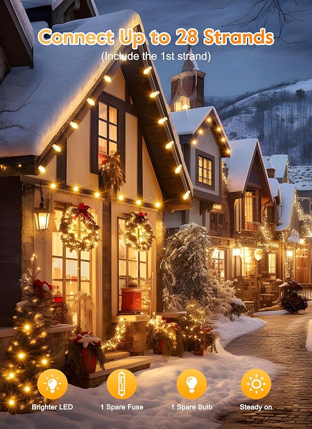 Vintage C9 LED Christmas Lights Outdoor, 25Ft C9 String Lights with 25 Shatterproof Colorful Bulbs, Waterproof Connectable Christmas Tree Lights for Roofline Holiday Garden Party Xmas Decorations