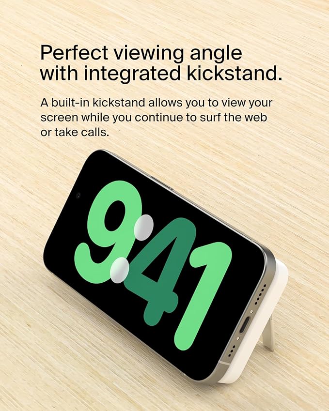 Belkin Portable Charger, Wireless Power Bank 15W 5000 mAh w/ Qi2 - MagSafe Charger w/Built-in Pop-up Kickstand - Compatible w/iPhone 17, Air, Pro, Pro Max, Google Pixel 10, etc. - White