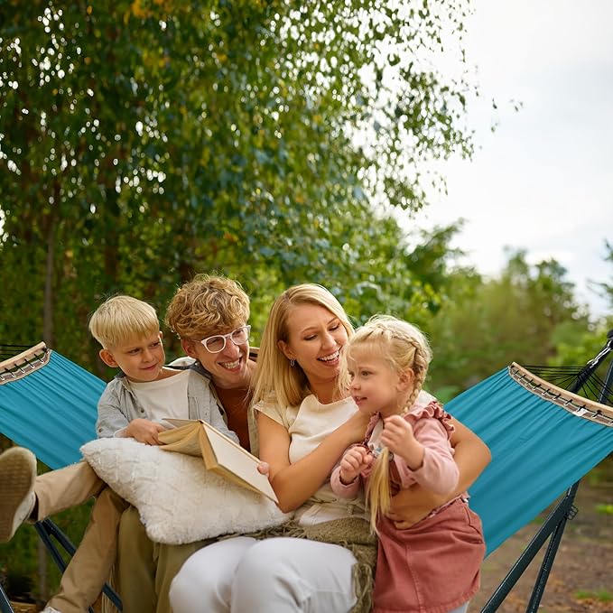 Tranquillo Canvas Hammock with Stand Heavy-Duty, Hammock Quick Fold Unfold Steel Frame Hammock, Portable Hammock Stand Spreader Bar, 600 lbs Capacity Portable Relaxation Gear, Blue