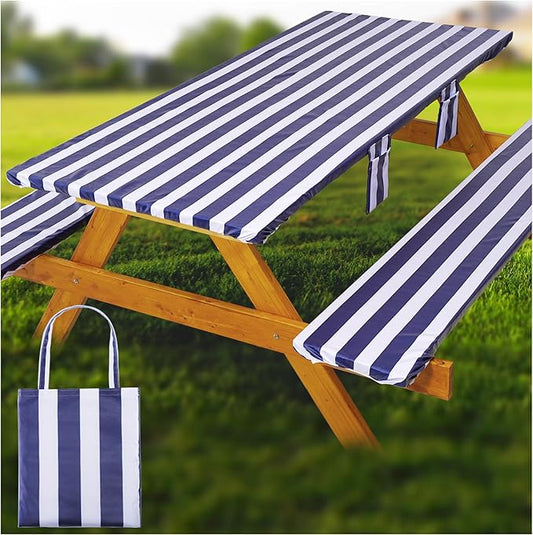 Fitted Picnic Table Cover with Bench Covers Waterproof Elastic Edges Rectangle Patio Tablecloth Outdoor Camping Essentials Stuff Rv Accessories Summer Trip Travel Supplies Party Camper Gifts, 8 ft