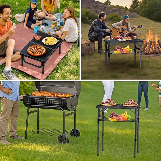 Folding Camping Table with Storage Net, Pure Black Aluminum 2ft Picnic Table 23.2" x 16" Outdoor Table Adjustable Height Max 27.5", Lightweight, Waterproof, Portable Handle for Travel Cooking