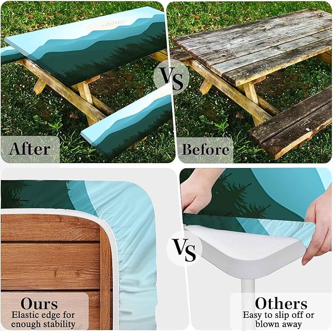 CAPSCEOLL Fitted Picnic Table Cover with Bench Covers with Elastic Waterproof Outdoor Camping Tablecloth 6 Foot Windproof Table Cloth with Drawstring Bag, 72X30in, Green Mountain