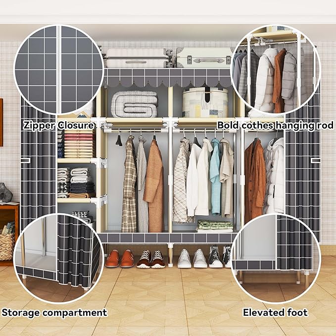 Portable Wardrobe Closet Durable and Easy to Assemble Heavy Duty Clothes Rack with Non-Woven Cover Fabric Best for Bedroom and Easy Storage and Organization (Grey-D)