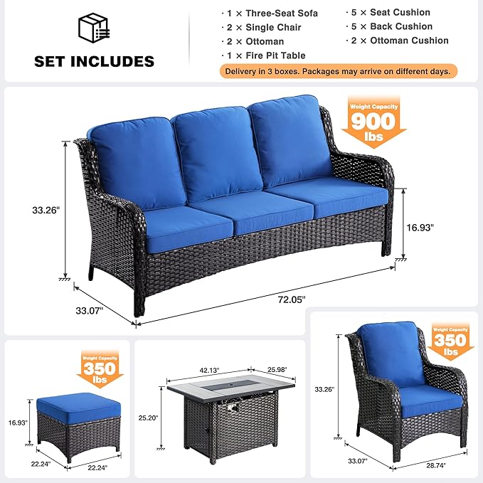 ovios 6 Pieces Patio Furniture Set with 42" Fire Pit Table, Outdoor Wicker Sofa with Ottomans, Comfy Cushions, High Back Couch Conversation Set, Brown Rattan, Navy Blue