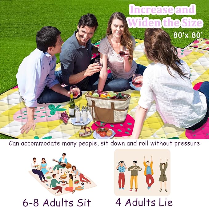 Extra Large Picnic Blanket Waterproof,80"x 80"Foldable Machine Washable Beach Blanket,Outdoor Blanket for 6-8 Adults,Picnic Mat Suitable for Indoor Crawling,Park Beach,Camping,Hiking,Travel（Yellow）