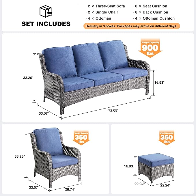 ovios 8 Pieces Patio Furniture Set, Outdoor Wicker Sofas with 2 Chairs, 4 Ottomans and Comfy Cushions, All Weather High Back Couch Set for Deck Porch, Grey Rattan, Denim Blue