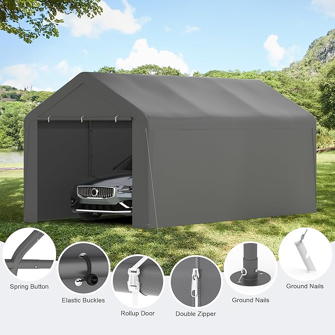 Carport, 10‘ x 20’ Heavy Duty Portable Garage All-Season Car Canopy w/Removable Sidewall & Doors, Carport Canopy Party Tent w/Water-Resistant Tarp for Backyard (Grey, 10‘ x 20’)