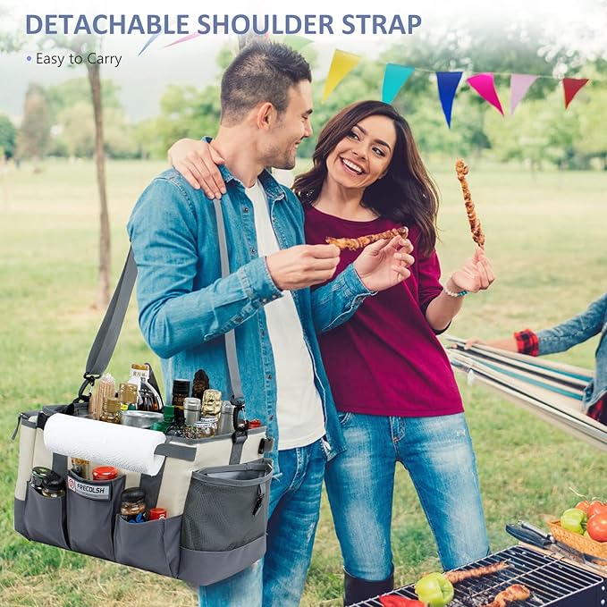 Large Grill Caddy - BBQ/Tailgating Accessories, Insulated Condiment Holder - Camping, Picnic, BBQ, Tailgating, Family Gathering - Ivory-Grey, 1 Gallon, 16"W x 11"D x 11.5"H