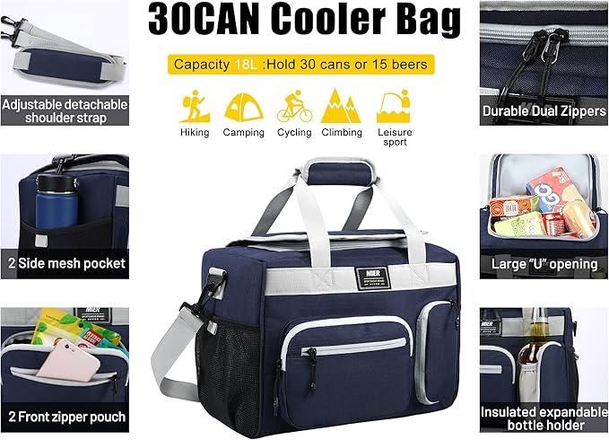 MIER Large Lunch Box for Men Women Adult Insulated Soft Sided Cooler 30 Can Leakproof Lunch Bag Collapsible for Work Travel Camping Beach, 18L (Blue-No Luggage Strap)