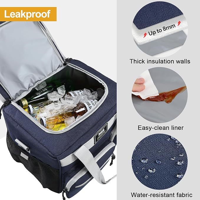 MIER Large Lunch Box for Men Women Adult Insulated Soft Sided Cooler 24 Can Leakproof Lunch Bag Collapsible for Work Travel Camping Beach, 15L (Blue-No Luggage Strap)