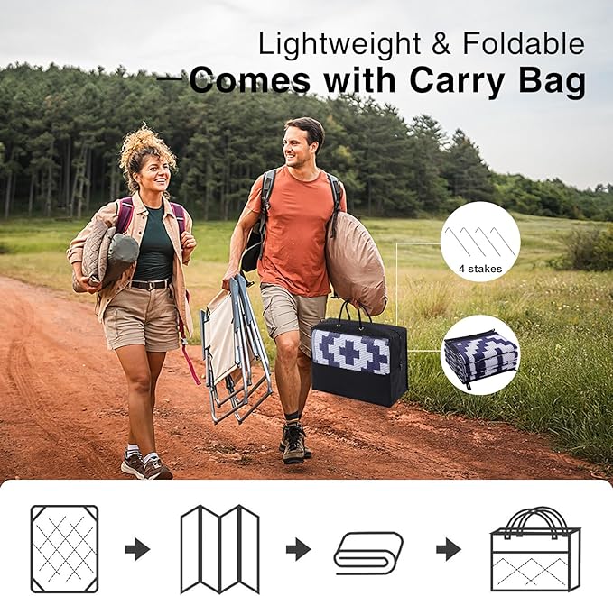 OLANLY Waterproof Outdoor Rug 10x14 ft, Outdoor Plastic Straw Rug for Camping, RV Mat Outside, Indoor Outdoor Carpet for Porch, Deck, Backyard, Balcony, Picnic, Navy & White