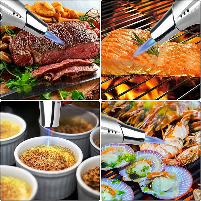 TBTeek Torch Lighter with Butane Included, Kitchen Torch Creme Brulee Torch with 180 ml Butane Fuel Refill, Safety Lock & Adjustable Flame for Cooking, BBQ, Baking, Creme, DIY Soldering (1 Can)