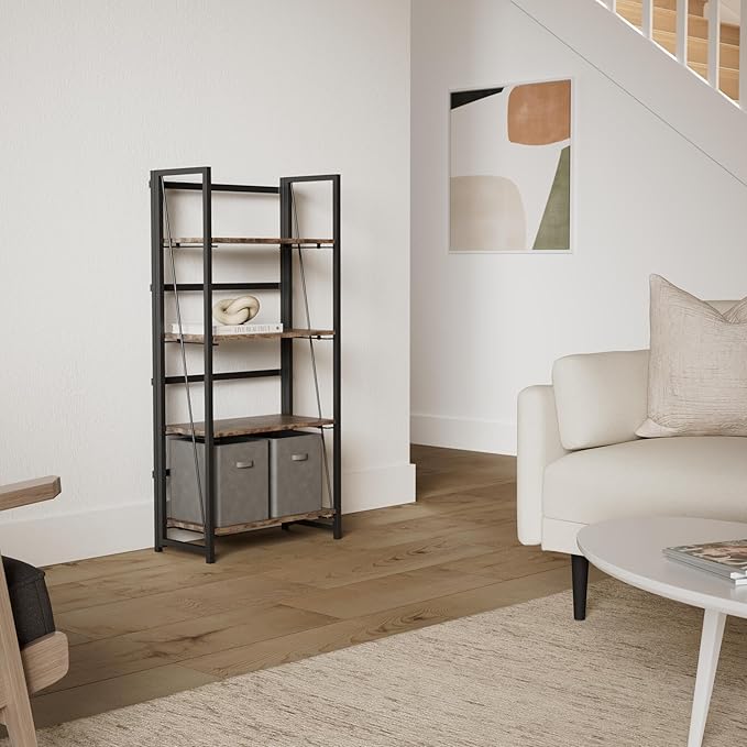 4NM No-Assembly Folding Bookshelf Storage Shelves 4 Tiers Vintage Bookcase Standing Racks Study Organizer Home Office (Rustic Brown Black)