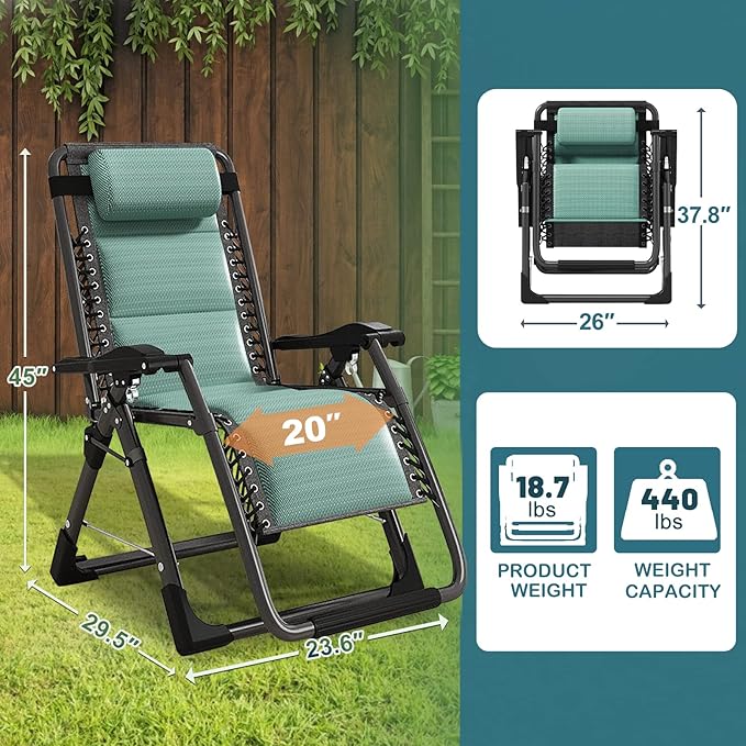 NAIZEA Padded Zero Gravity Chair, Cooling Fabric Folding Outdoor Lounge Chairs, Adjustable Reclining Camping Chairs with Cup Holder, Ergonomic Patio Lawn Chair for Balcony Beach Deck Yard