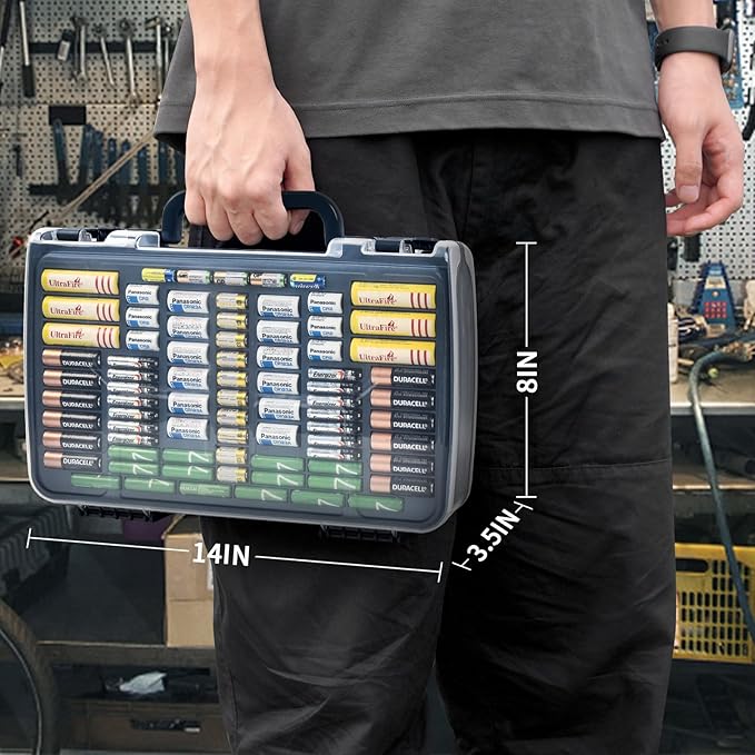 Battery Organizer Storage Holder Box Case with Tester- 269 Batteries Double-Sided Variety Pack, Holds AA AAA 4A C D Cell 9V 3V Lithium LR44 CR2 CR123 CR1632 18650 Button- Blue (Box Only)
